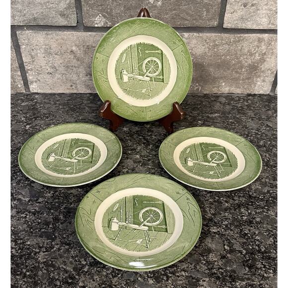 4 Vintage Royal Colonial Homestead 6 3/8” Green Bread Plates Spinning Wheel - Picture 1 of 4